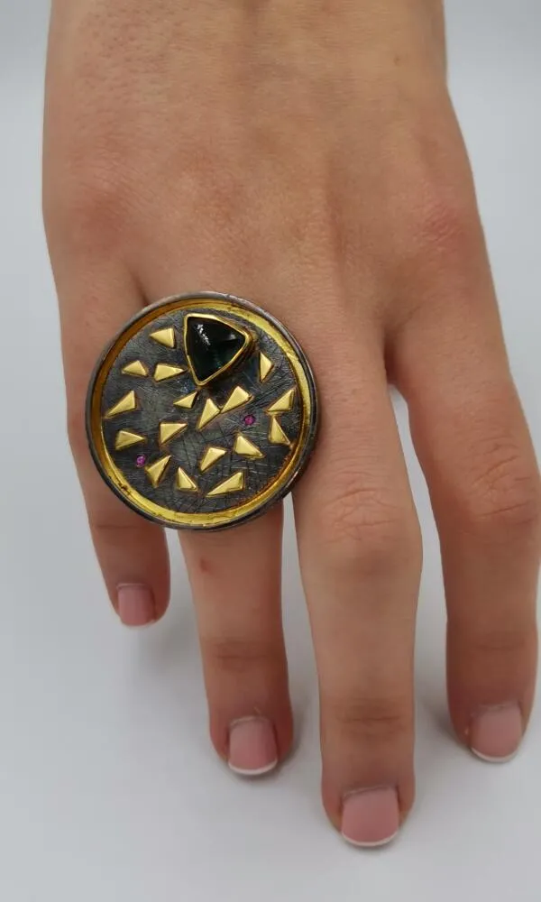 SG060 / Gold K18 and silver tourmaline,rubies ring