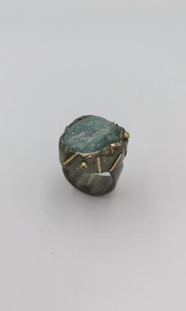SG144 / Gold K18 and silver aqua marine,rubies,brilliant ring