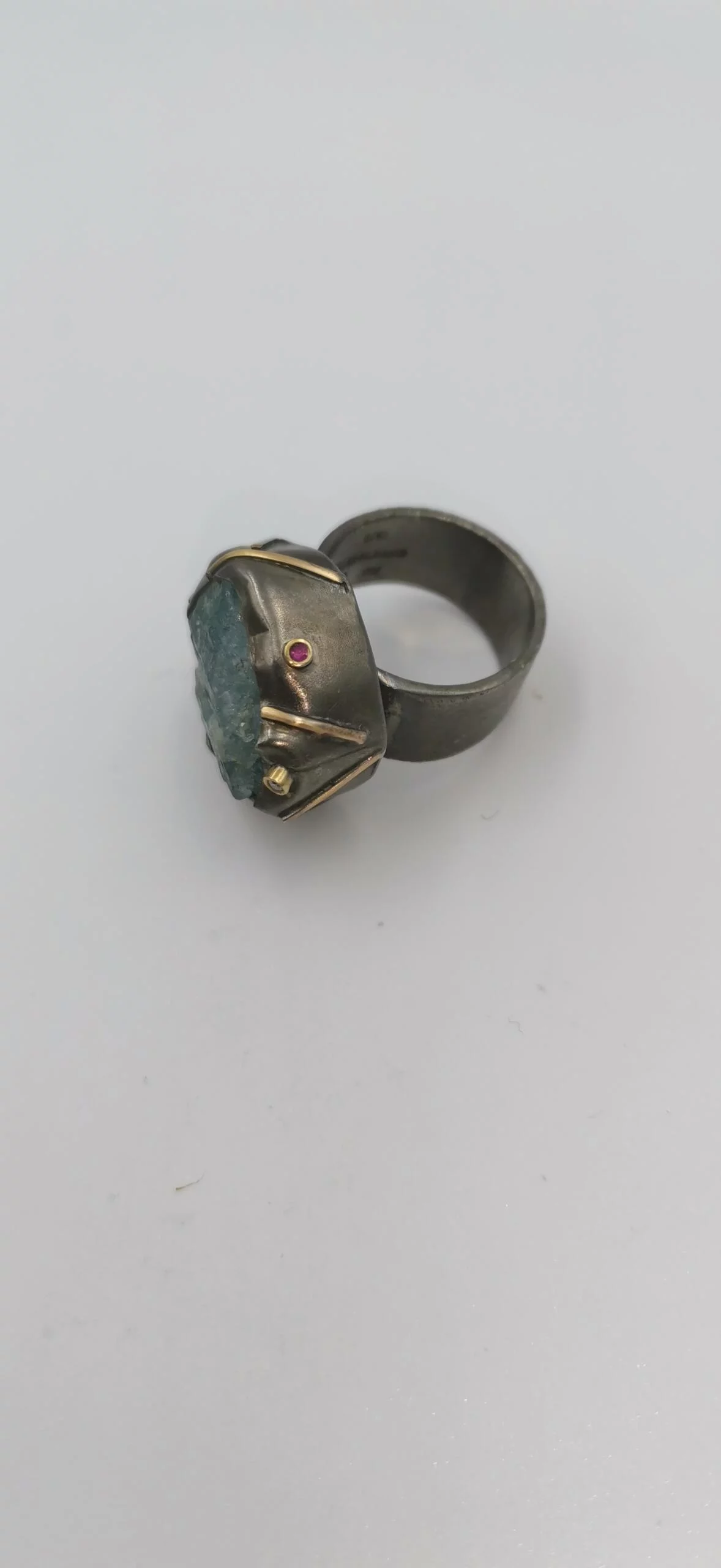 SG144 / Gold K18 and silver aqua marine,rubies,brilliant ring - Image 3