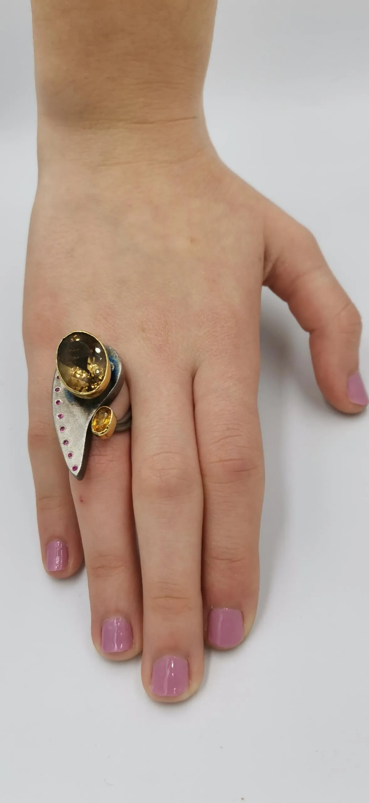 SG052 / Gold K18 and silver smoke quarz , citrin ring - Image 5