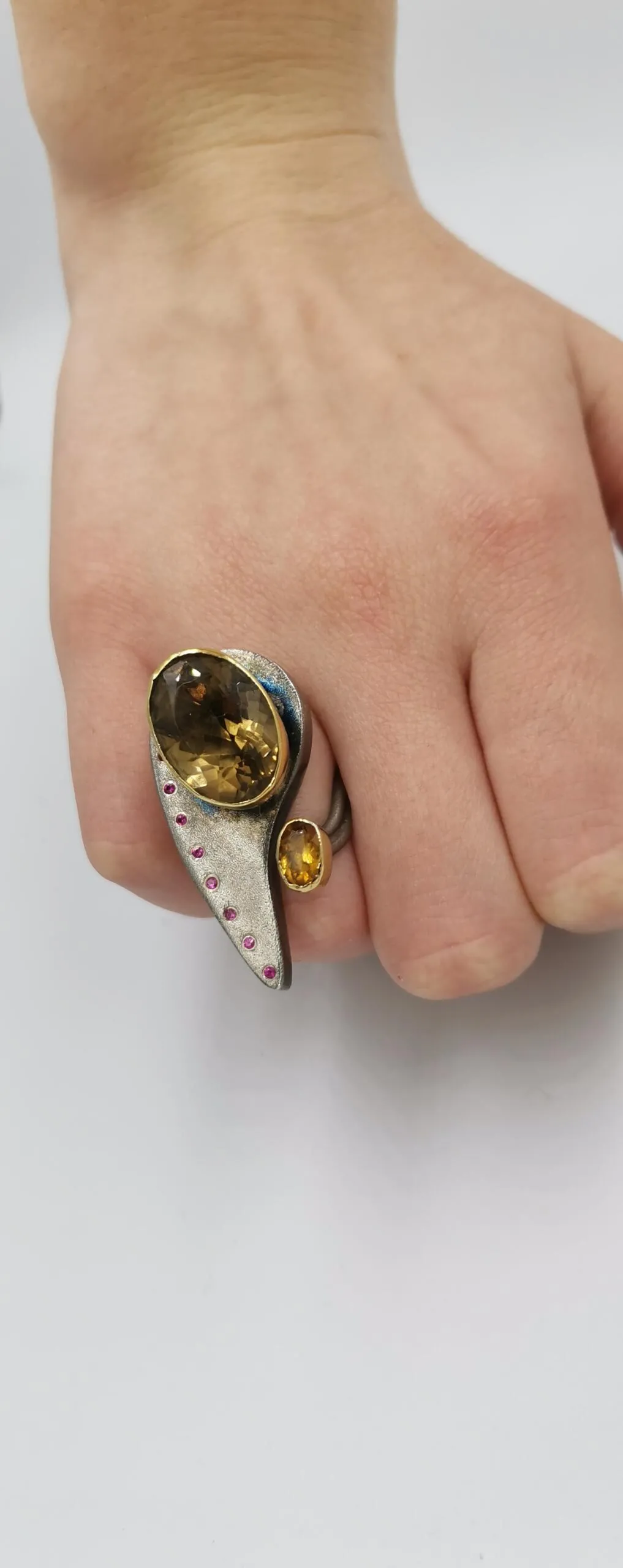SG052 / Gold K18 and silver smoke quarz , citrin ring - Image 6