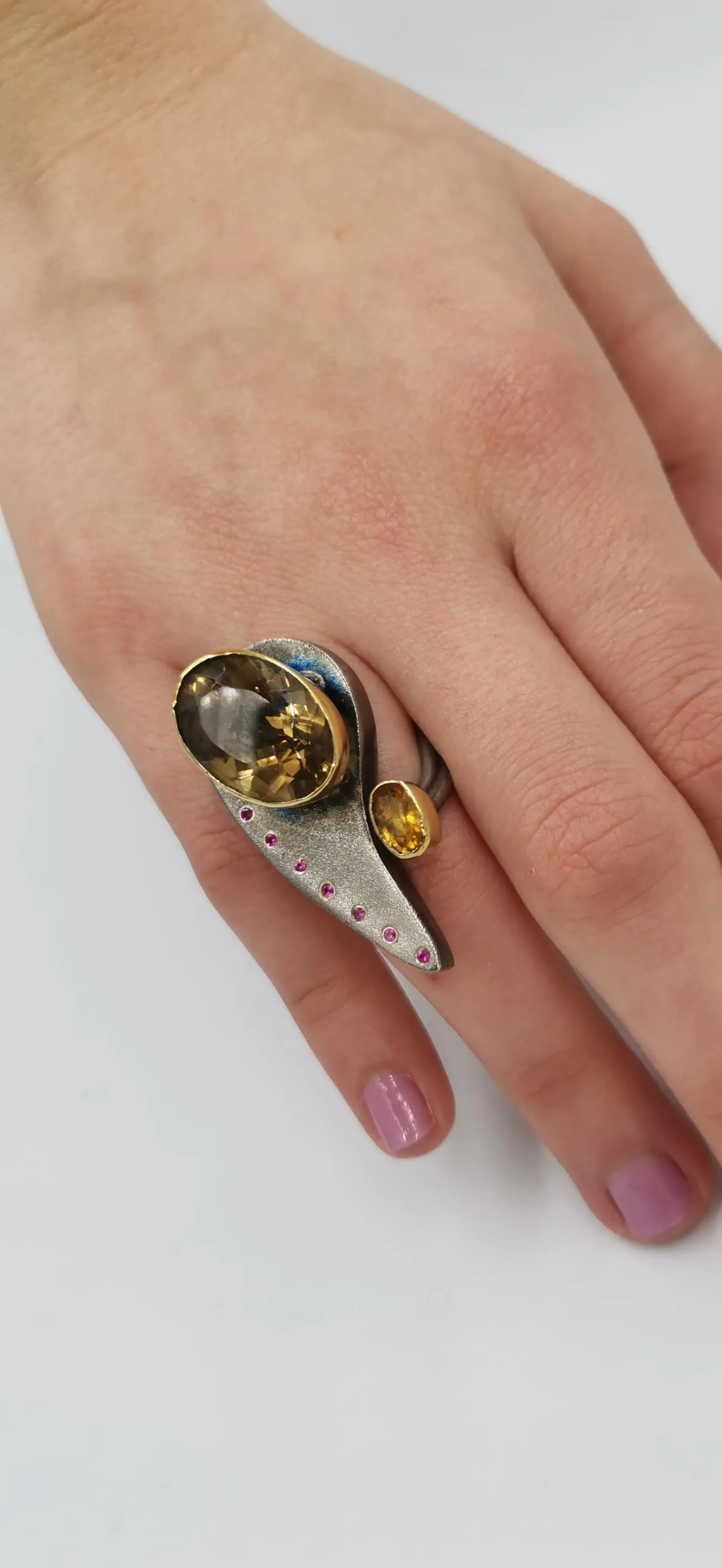 SG052 / Gold K18 and silver smoke quarz , citrin ring - Image 7
