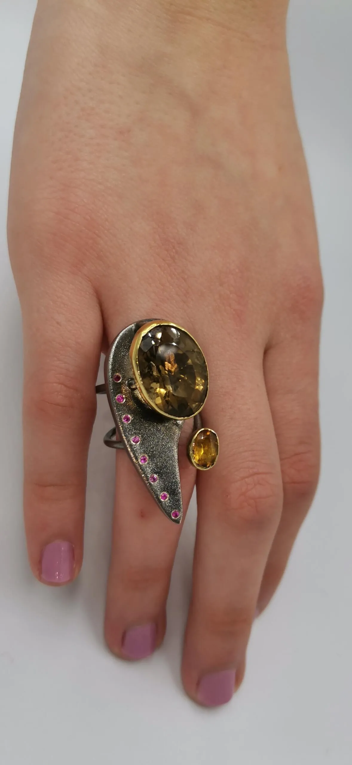 SG052 / Gold K18 and silver smoke quarz , citrin ring - Image 1