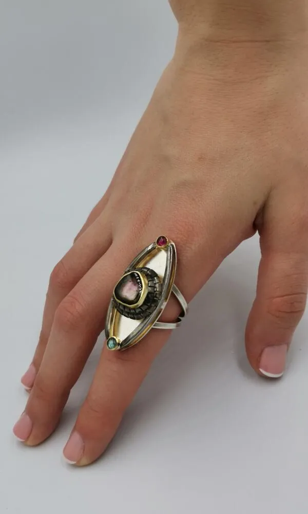 SG077 / Gold K18 and silver tourmaline ring
