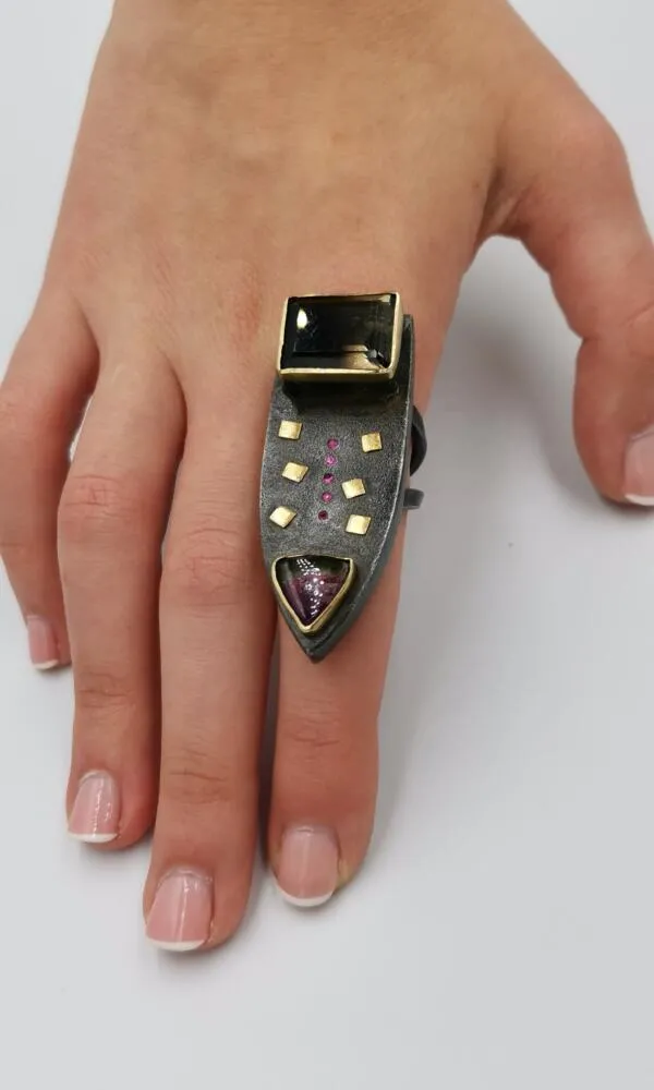 SG062 / Gold K18 and silver tourmaline , smoke quarz , rubies ring