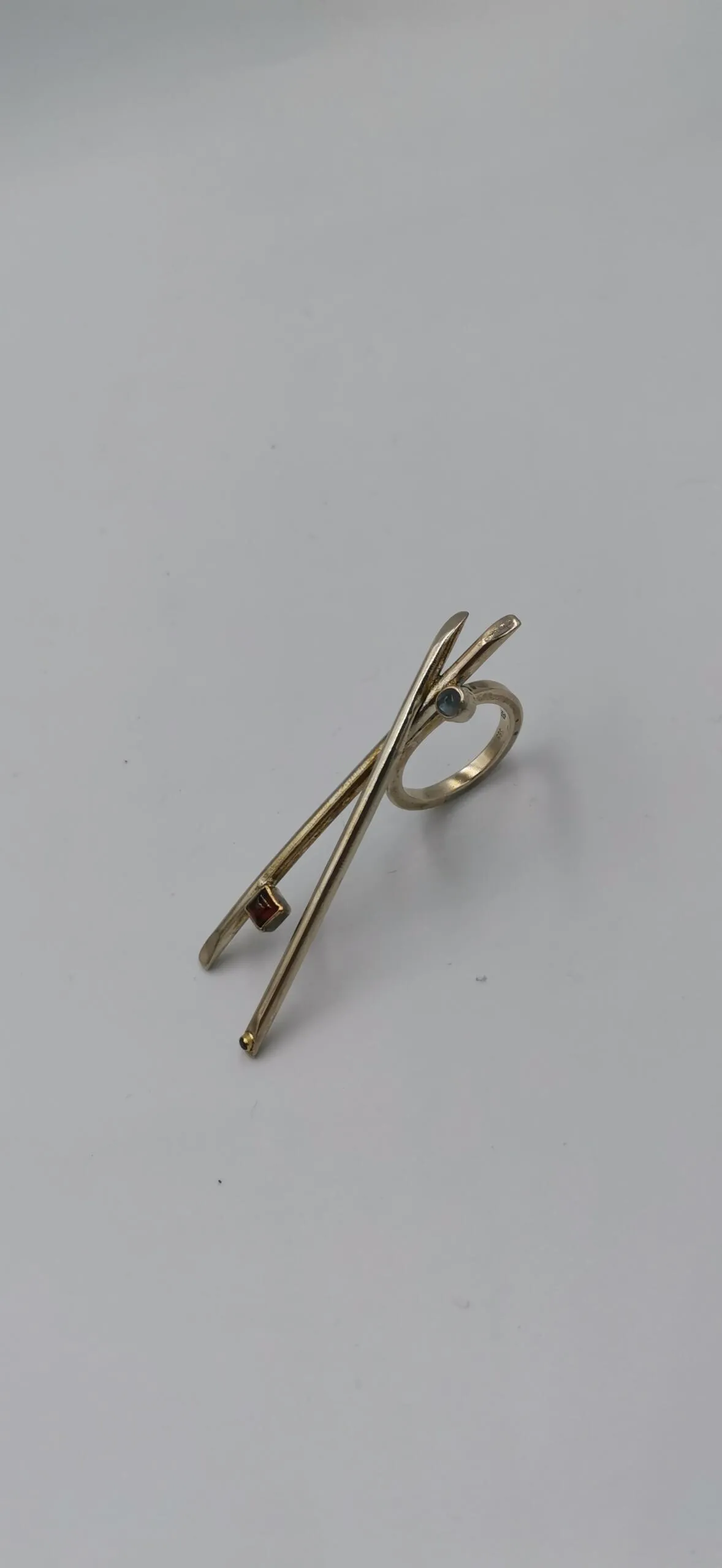 SG097 / Gold K18 and silver aqua marine,garnet,black brilliant ring - Image 5