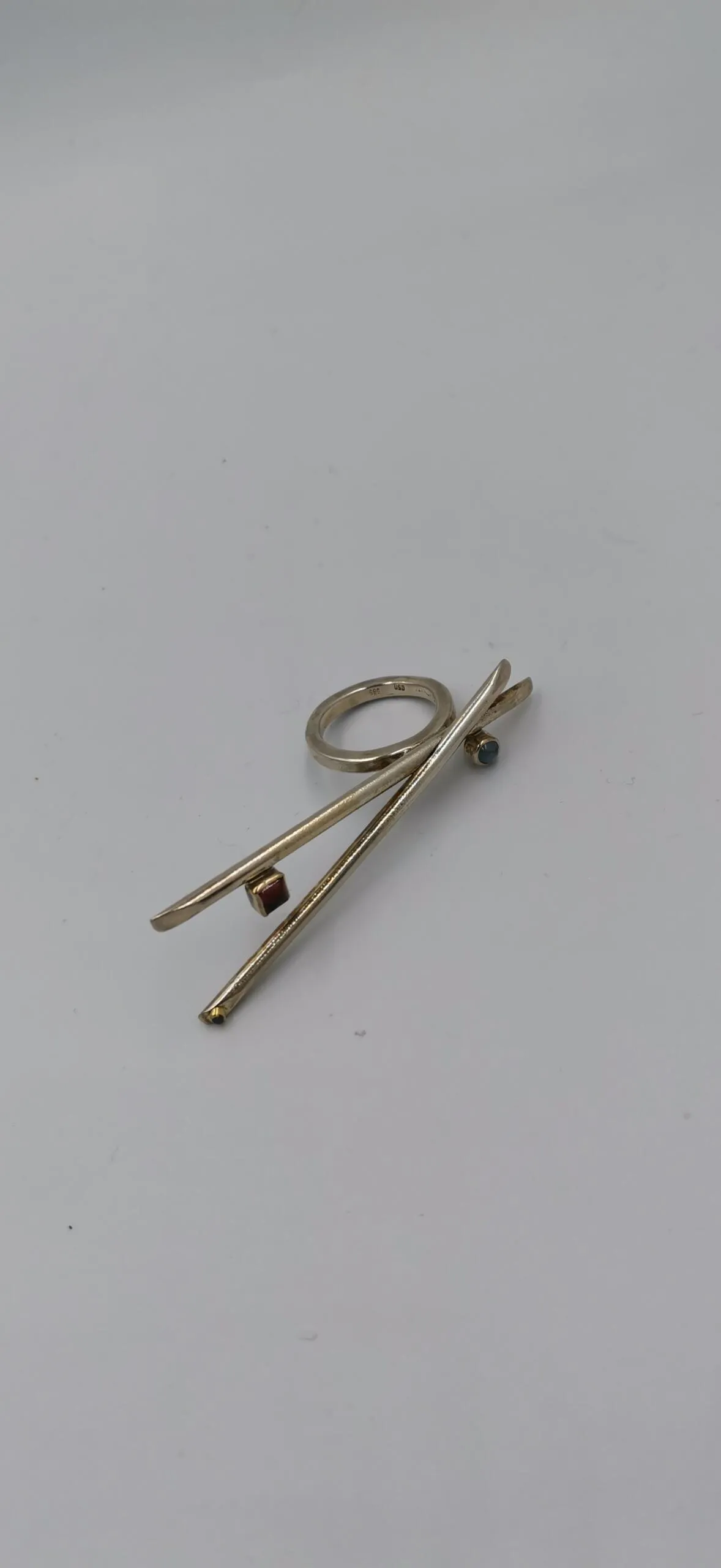 SG097 / Gold K18 and silver aqua marine,garnet,black brilliant ring - Image 4