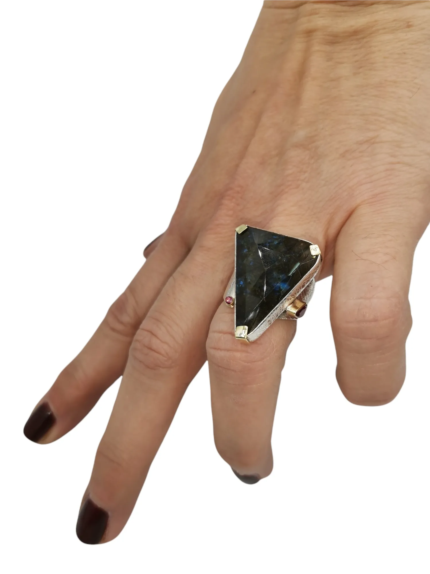 SG296 / Gold K18 and silver labradorite , ruby ring - Image 1