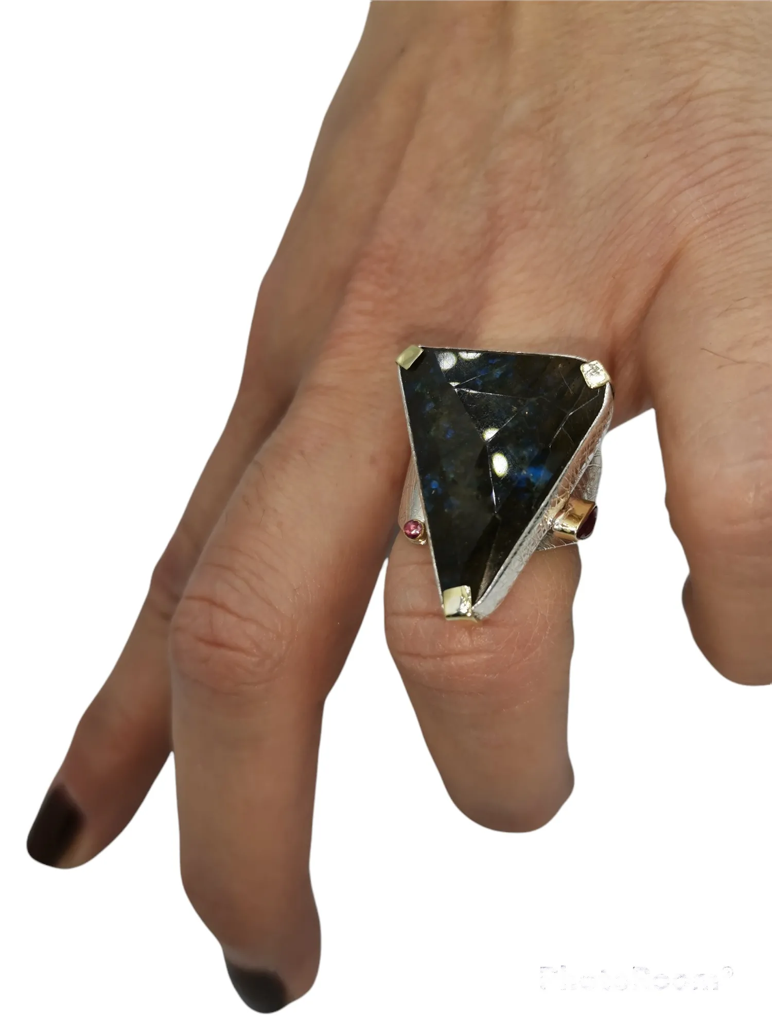 SG296 / Gold K18 and silver labradorite , ruby ring - Image 3