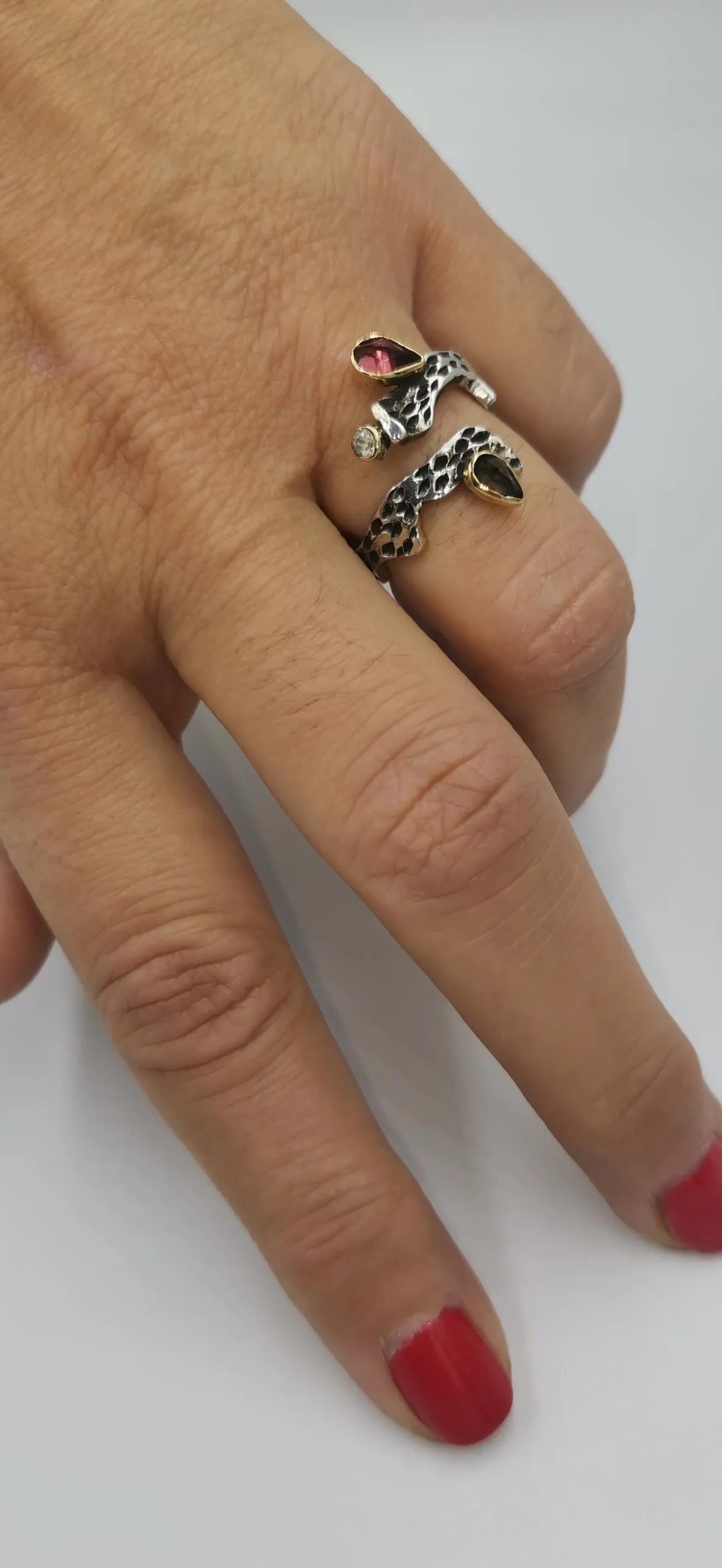 SG386 / Gold K18 and silver tourmaline , smoke quarz and sapphire ring - Image 1