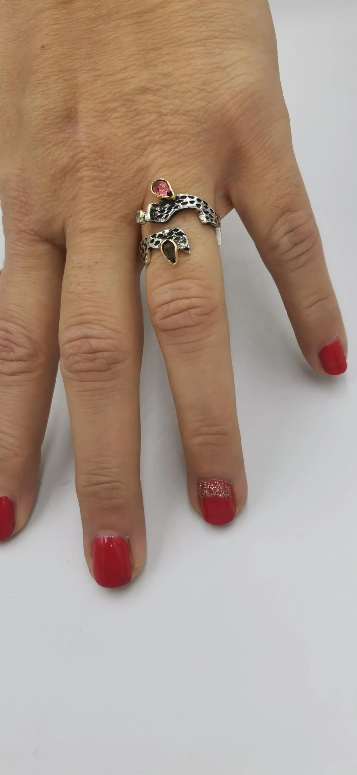 SG386 / Gold K18 and silver tourmaline , smoke quarz and sapphire ring - Image 5