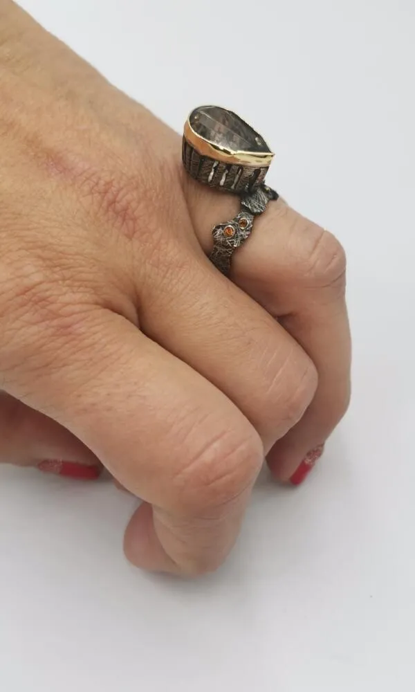 SG391 / Gold K18 and silver rutilated quarz and citrin ring