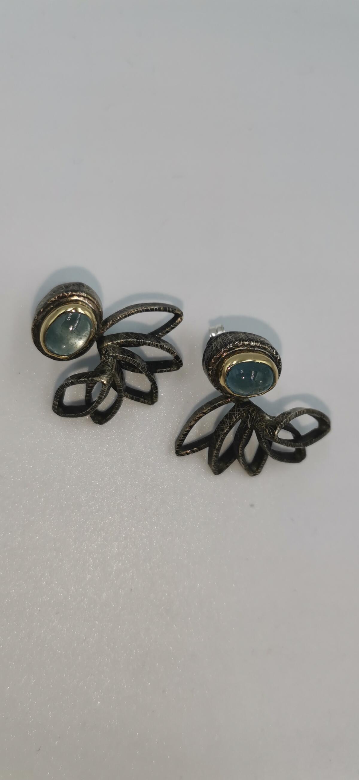 Amazing aqua marine earrings made of gold K18 and oxidized silver. Konstantinato Jewels