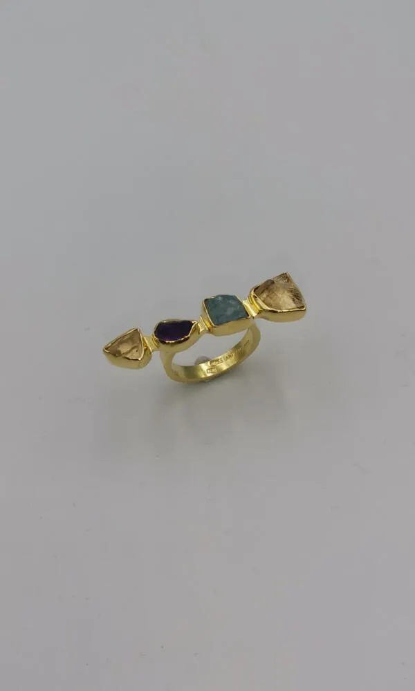 S911 / Silver citrin , aqua marine , amethyst ring