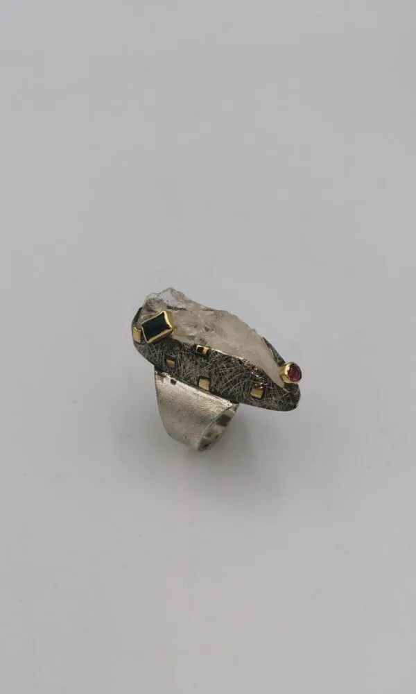 SG450 / Gold K18 and silver zirgon , tourmalines ring