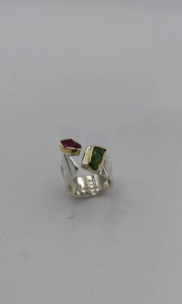 SG469 / Gold K18 and silver emerald , ruby ring